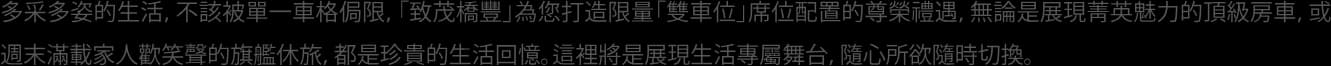 多采多姿的生活 不該被單一車格侷限 致茂橋豐為您打造限量雙車位席位配置的尊榮禮遇 無論是展現菁英魅力的頂級房車 或周末滿載家人歡笑聲的旗艦休旅 都是珍貴的生活回憶 這裡將是展現生活專屬舞台 隨心所欲隨時切換