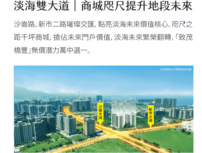 沙崙路 新市二路璀璨交匯 點亮淡海未來價值核心 咫尺之距千坪商城 搶占未來門戶價值 淡海未來繁榮翻轉 致茂橋豐 無價淺力萬中選一